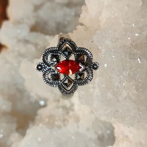 Vintage Sterling Silver Orange Gemstone Marcasite Ring -8 Statement, Art Deco